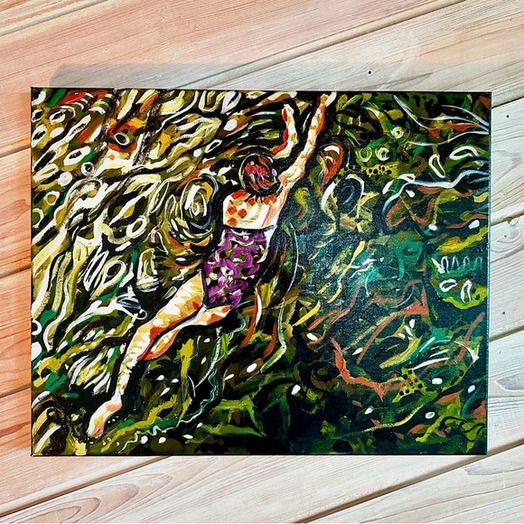 Acrylic painting of a swimmer wading through green waters. 16x14 inches - Picture 1 of 1
